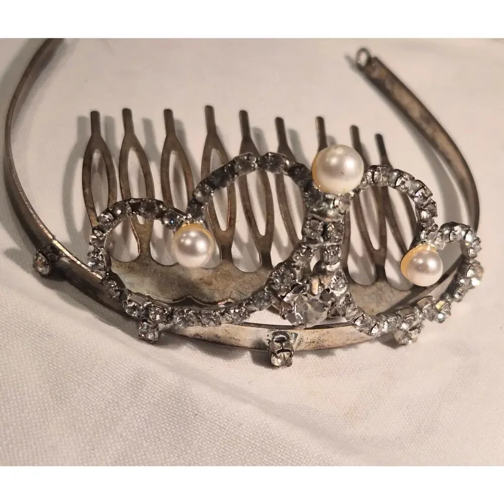 Vintage Y2K Rhinestone‎ Pearl Tiara Hair Comb Princess Fairycore Bridal Crown